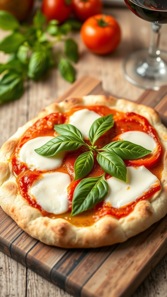 Crispy Margherita flatbread with mozzarella, tomato sauce, and basil on a wooden board.